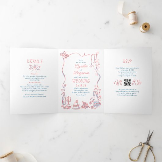 Invitation Trois Volets Doodles Whimsical Funky Photo Mariage moderne (Intérieur)