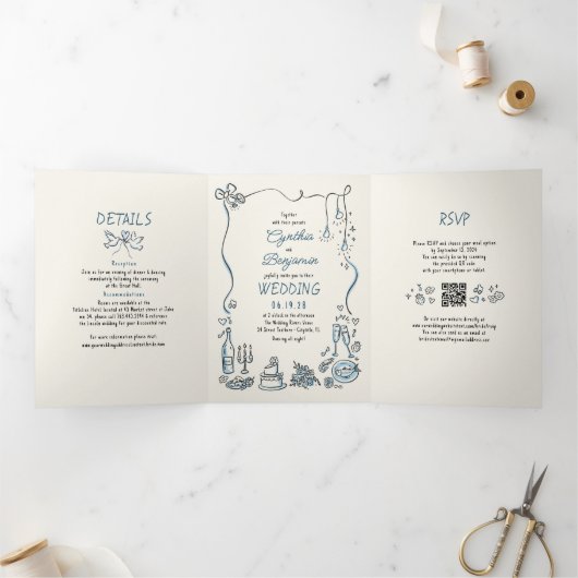 Invitation Trois Volets Doodles Whimsical Funky Photo Mariage moderne (Intérieur)
