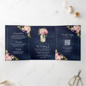 Invitation Trois Volets Douce Pivoine Rose Clair Pot Mason Code QR Marine (Intérieur)