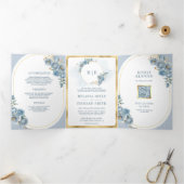 Invitation Trois Volets Doux bleu floral or tout en un Mariage (Intérieur)