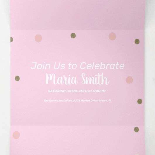 Invitation Trois Volets Doux moderne 16 points roses or (Intérieur au milieu)