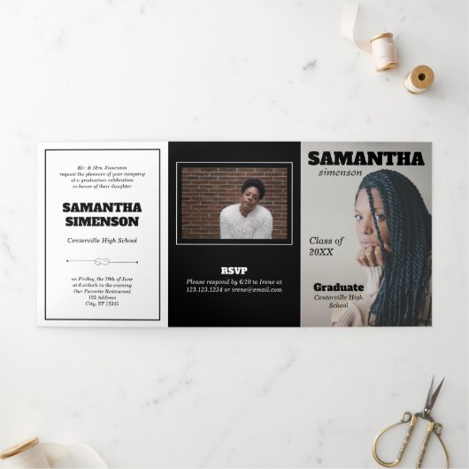Invitation Trois Volets Dramatic Magazine Style Graduation Party (Extérieur)