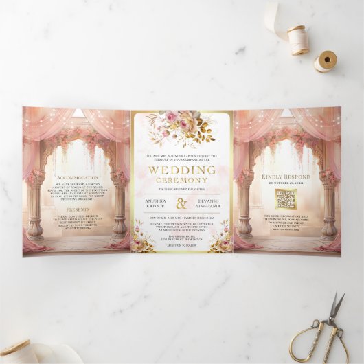 Invitation Trois Volets Dreamink Floral Indien Mandap Mariage hindou (Intérieur)