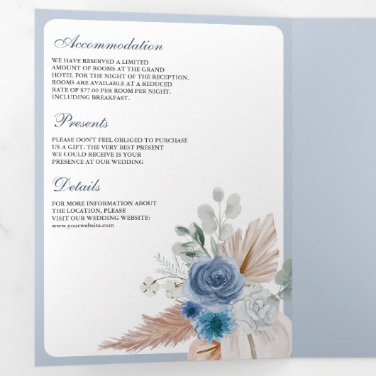 Invitation Trois Volets Dusty Blue Floral Boho Pampas QR Code Mariage (Intérieur en premier)