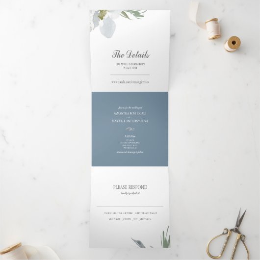 Invitation Trois Volets Dusty Blue Floral Greenery Tripli Mariage Inviter (Intérieur)