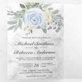 Invitation Trois Volets Dusty Blue Floral Marbre blanc QR Code Mariage (Intérieur en premier)