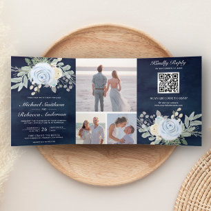 Invitation Trois Volets Dusty Blue Floral QR Code Mariage de marine