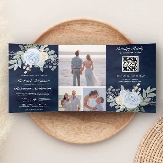 Invitation Trois Volets Dusty Blue Floral QR Code Mariage de marine