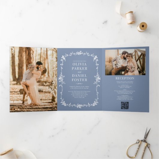 Invitation Trois Volets Dusty Blue French Victorian QR Code Photo Mariage (Intérieur)