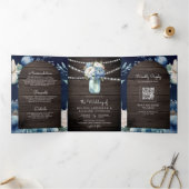 Invitation Trois Volets Dusty Blue Peony Mason Jar QR Code Mariage en bois (Intérieur)