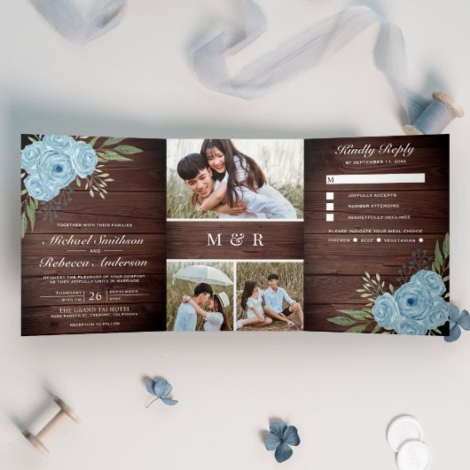 Invitation Trois Volets Dusty Blue Roses Photo Collage Mariage en bois rus