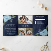 Invitation Trois Volets Dusty Blue Roses Photo Collage Marine Blue Mariage (Intérieur)