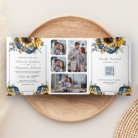 Invitation Trois Volets Dusty Blue Roses Sunflowers Photo QR Code Wedding