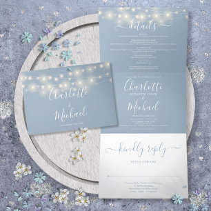 Invitation Trois Volets Dusty Blue String Lights Script Monogramme Mariage