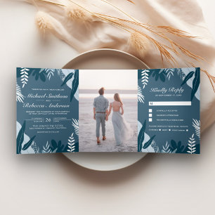 Invitation Trois Volets Dusty Blue Tropical Palm Feuilles tous en un Maria