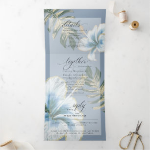 Invitation Trois Volets Dusty Blue Watercolor Hibiscus Foliage Mariage Tri