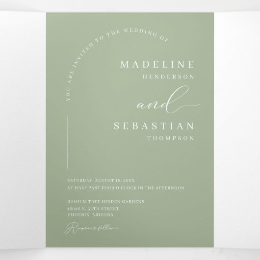 Invitation Trois Volets Dusty Green Moderne Boho Arch Photo QR Code Mariag (Intérieur au milieu)