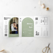 Invitation Trois Volets Dusty Green Retro Boho Arch Photo QR Code Mariage (Intérieur)