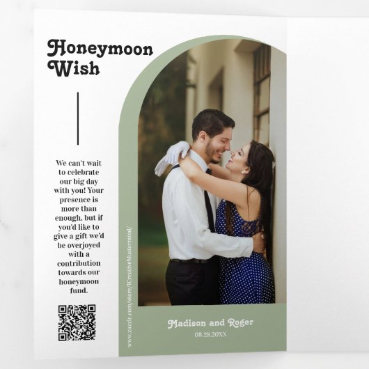 Invitation Trois Volets Dusty Green Retro Boho Arch Photo QR Code Mariage (Intérieur en premier)