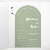 Invitation Trois Volets Dusty Green Retro Boho Arch Photo QR Code Mariage (Intérieur au milieu)