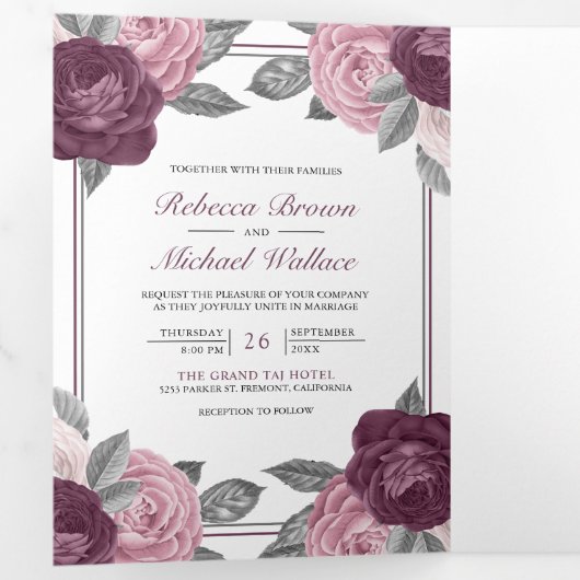 Invitation Trois Volets Dusty Mauve Purple Rose Rose QR Code Mariage (Intérieur en premier)