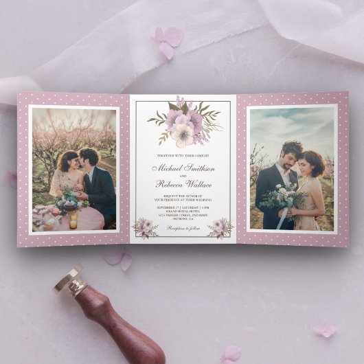 Invitation Trois Volets Dusty Mauve Rose Floral Mariage Photo