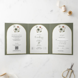 Invitation Trois Volets Dusty Olive rose & or Aquarelle Mariage Floral