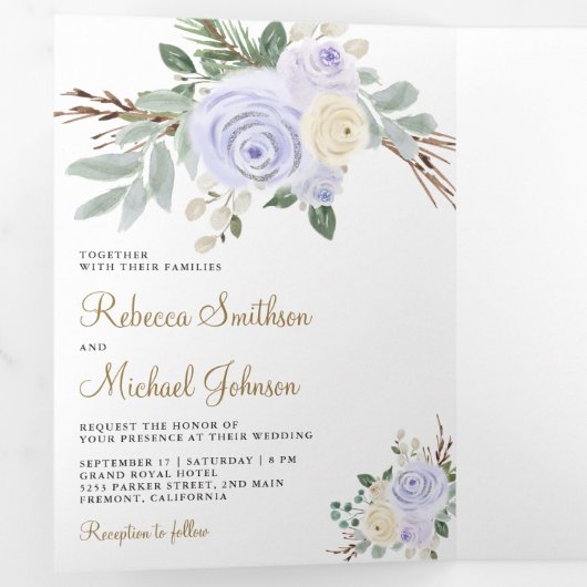 Invitation Trois Volets Dusty Pastel Purple Floral tout en un Mariage (Intérieur en premier)