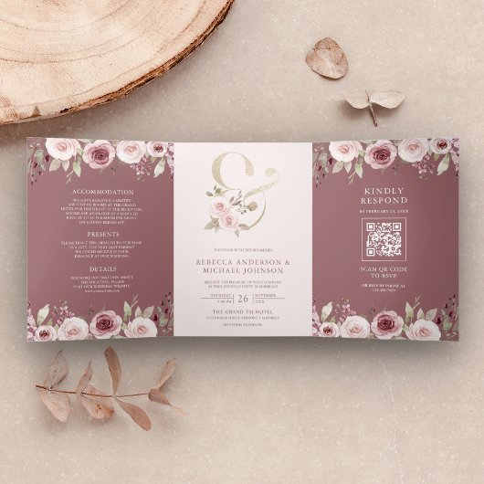 Invitation Trois Volets Dusty Rose Blush Floral Ampersand QR Code Mariage