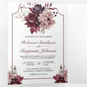 Invitation Trois Volets Dusty rose Bourgogne cadre floral QR Code Mariage (Intérieur en premier)