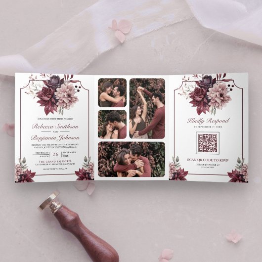 Invitation Trois Volets Dusty rose Bourgogne cadre floral QR Code Mariage