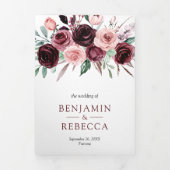 Invitation Trois Volets Dusty rose Bourgogne Floral QR Code Mariage (Page de couverture)