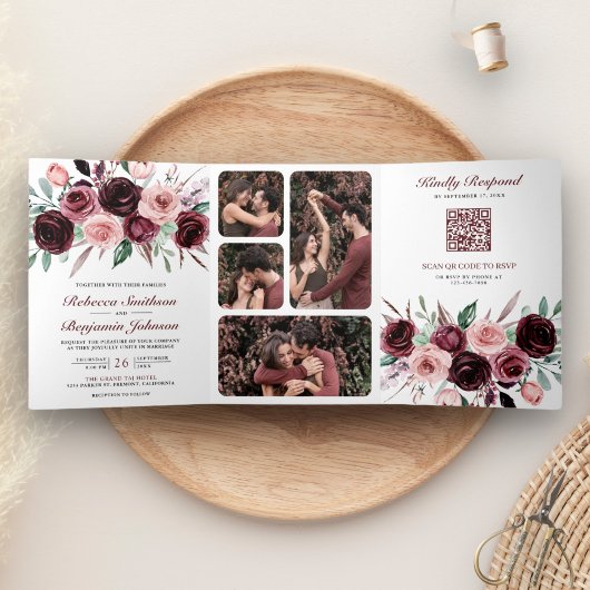 Invitation Trois Volets Dusty rose Bourgogne Floral QR Code Mariage