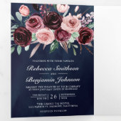 Invitation Trois Volets Dusty rose Bourgogne Floral QR Code Mariage de mar (Intérieur en premier)