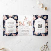 Invitation Trois Volets Dusty rose Floral Boho Arbor Navy QR Code Mariage (Intérieur)