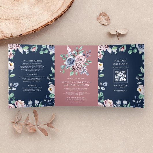 Invitation Trois Volets Dusty Rose rose Floral Navy bleu QR Code Mariage