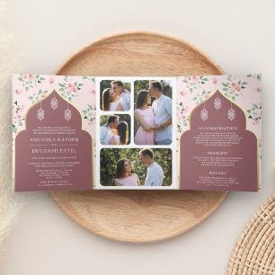Invitation Trois Volets Dusty Rose rose Floral tout en un Mariage indien