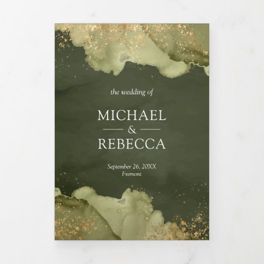 Invitation Trois Volets Dusty Sage Green Gold Abstrait Enk QR Code Mariage (Page de couverture)
