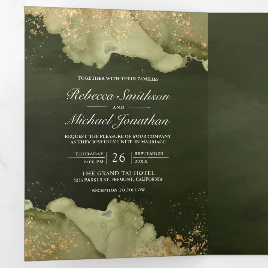 Invitation Trois Volets Dusty Sage Green Gold Abstrait Enk QR Code Mariage (Intérieur en premier)
