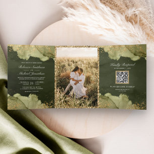 Invitation Trois Volets Dusty Sage Green Gold Abstrait Enk QR Code Mariage