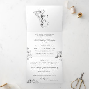 Invitation Trois Volets 'E' Monogramme Beau Mariage floral croisé