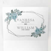 Invitation Trois Volets Eau bleu foncé fleurs argent mariage (Intérieur en premier)