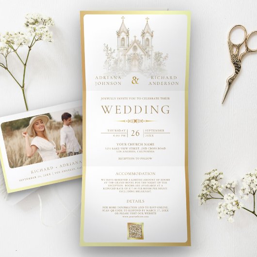 Invitation Trois Volets Église catholique blanche tout en un Mariage