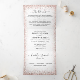 Invitation Trois Volets Élégant 3 en 1 Rose Gold Mariage Pailleté