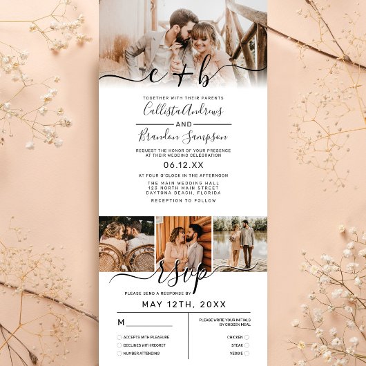 Invitation Trois Volets Elégant blanc noir photo Monogramme mariage RSVP