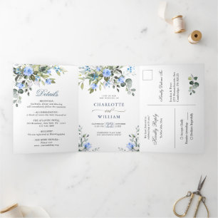Invitation Trois Volets Elégant bleu Eucalyptus Rose Mariage vert