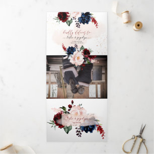 Invitation Trois Volets Elégant bleu marine Bourgogne Aquarelle Fleurs