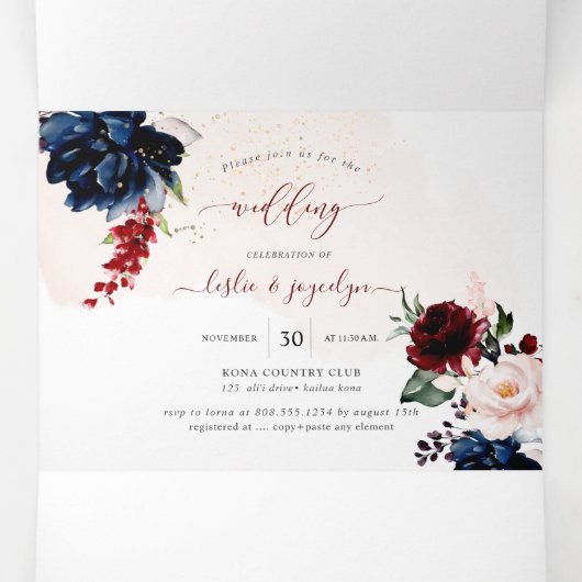 Invitation Trois Volets Elégant bleu marine Bourgogne Aquarelle Fleurs (Intérieur au milieu)