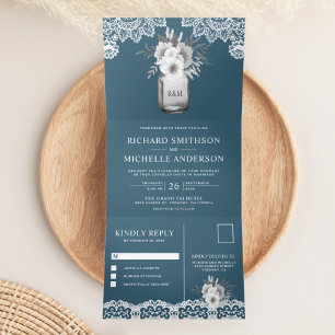 Invitation Trois Volets Élégant Bleu Poussiéreux Floral Jar Mariage en Den