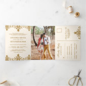 Invitation Trois Volets Élégant Brown Damas Mariage indien traditionnel (Intérieur)